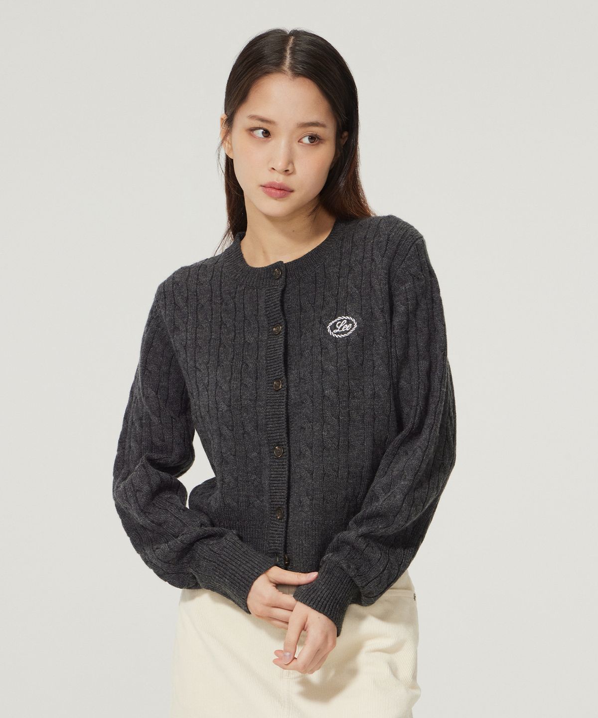 리(LEE) 우먼 라운드넥 케이블 가디건 차콜