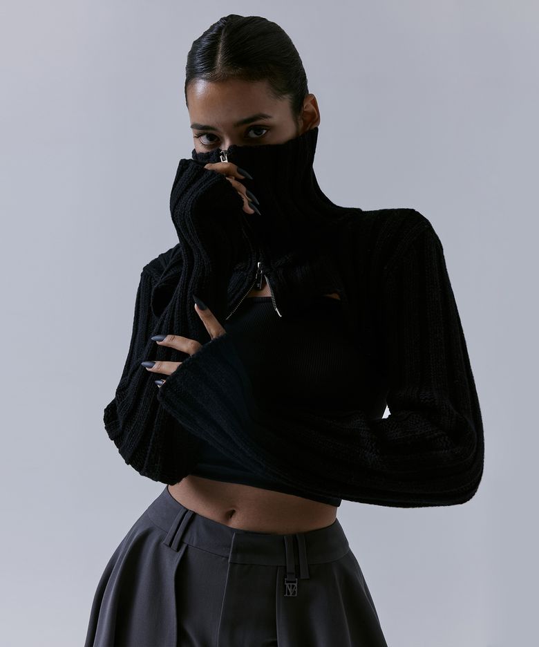 High-neck Bolero Knit Zip-up [ Black ]