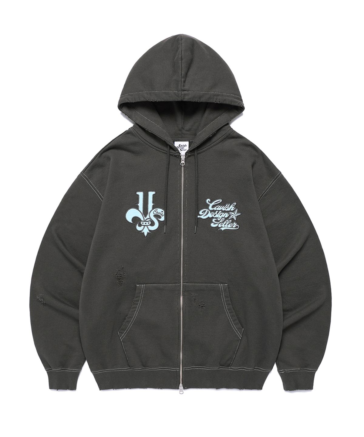 카비시(CAVISH) DAMAGED APPLIQUE ZIP UP HOODIE CHARCOAL(CV2EFUM481A)