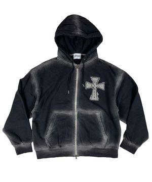 Hell Heaven Cross Vintage Sweat Hood Zip-up ((Black))