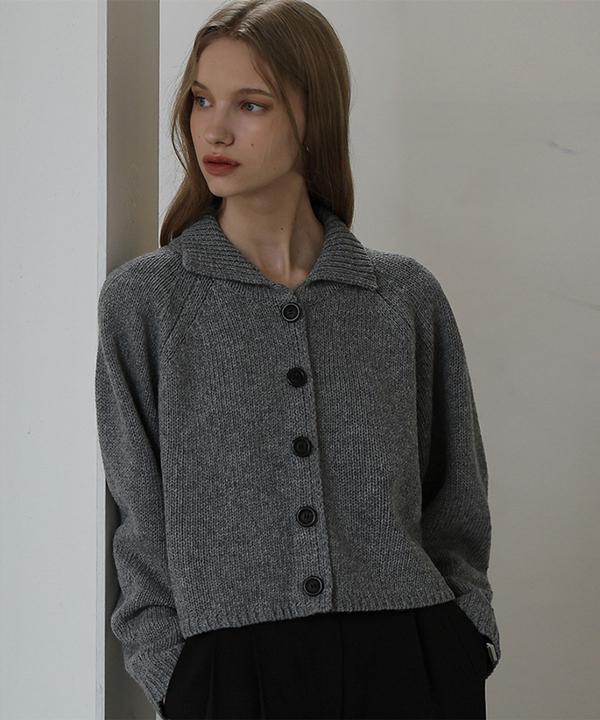 드헤베(DEHEVE) Raglan Volume Wool Cardigan [Gray]