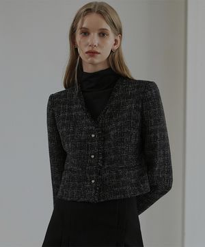 Harry Collarless Tweed Jacket [Mixed Black]
