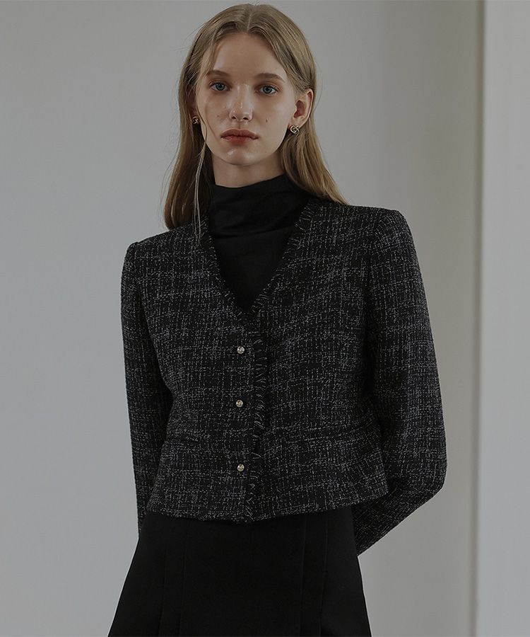 MUSINSA公式 | DEHEVE Harry Collarless Tweed Jacket [Mixed Black]