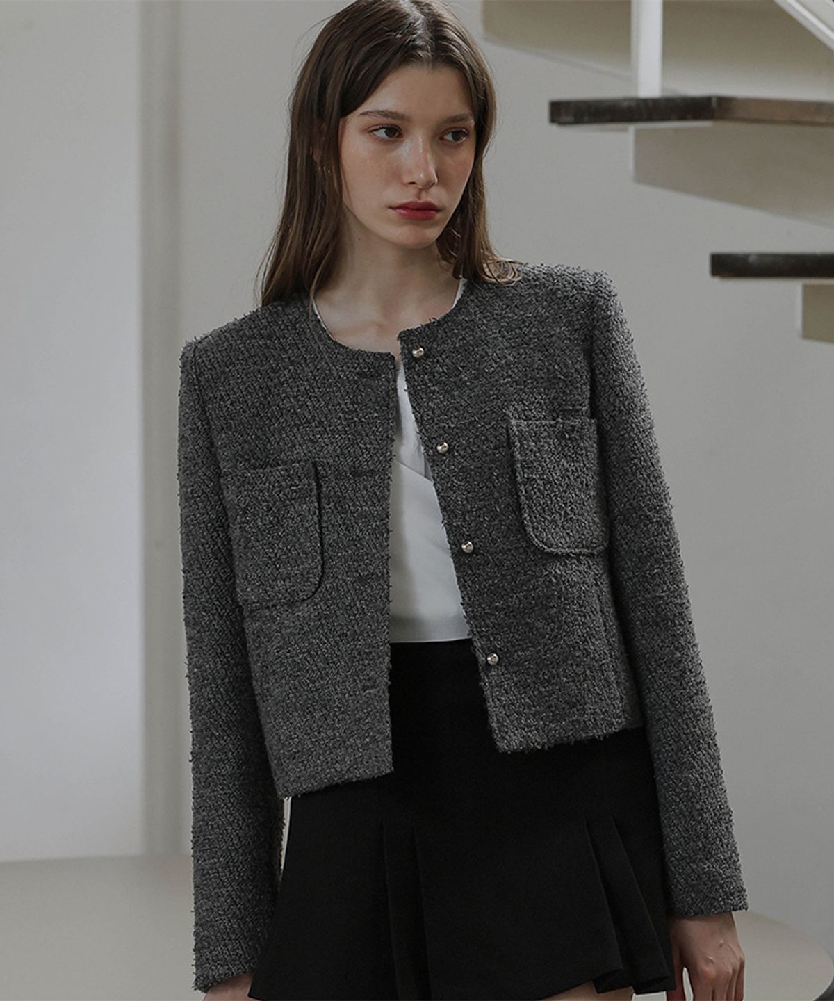 드헤베(DEHEVE) Out Pocket Single Tweed Jacket [Gray]