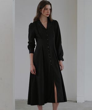 Classic Open Collar Long Dress [Black]