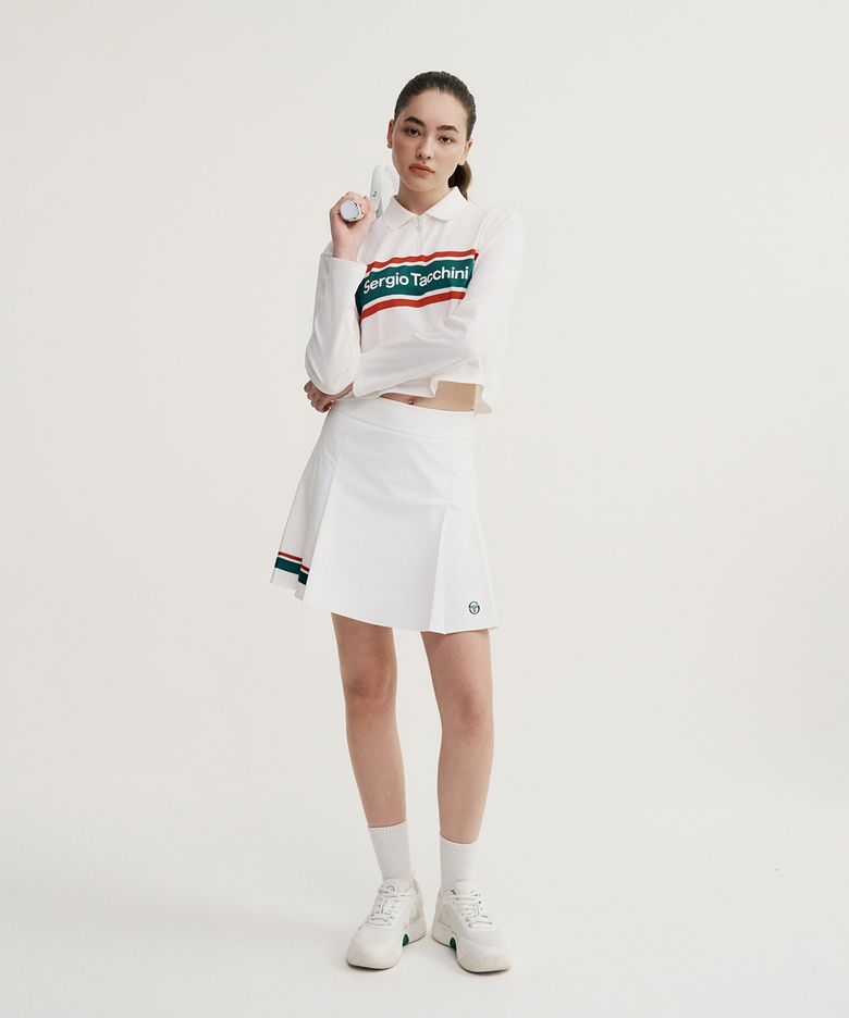 W 플래그 우븐 중기장 플리츠 스커트 (White)