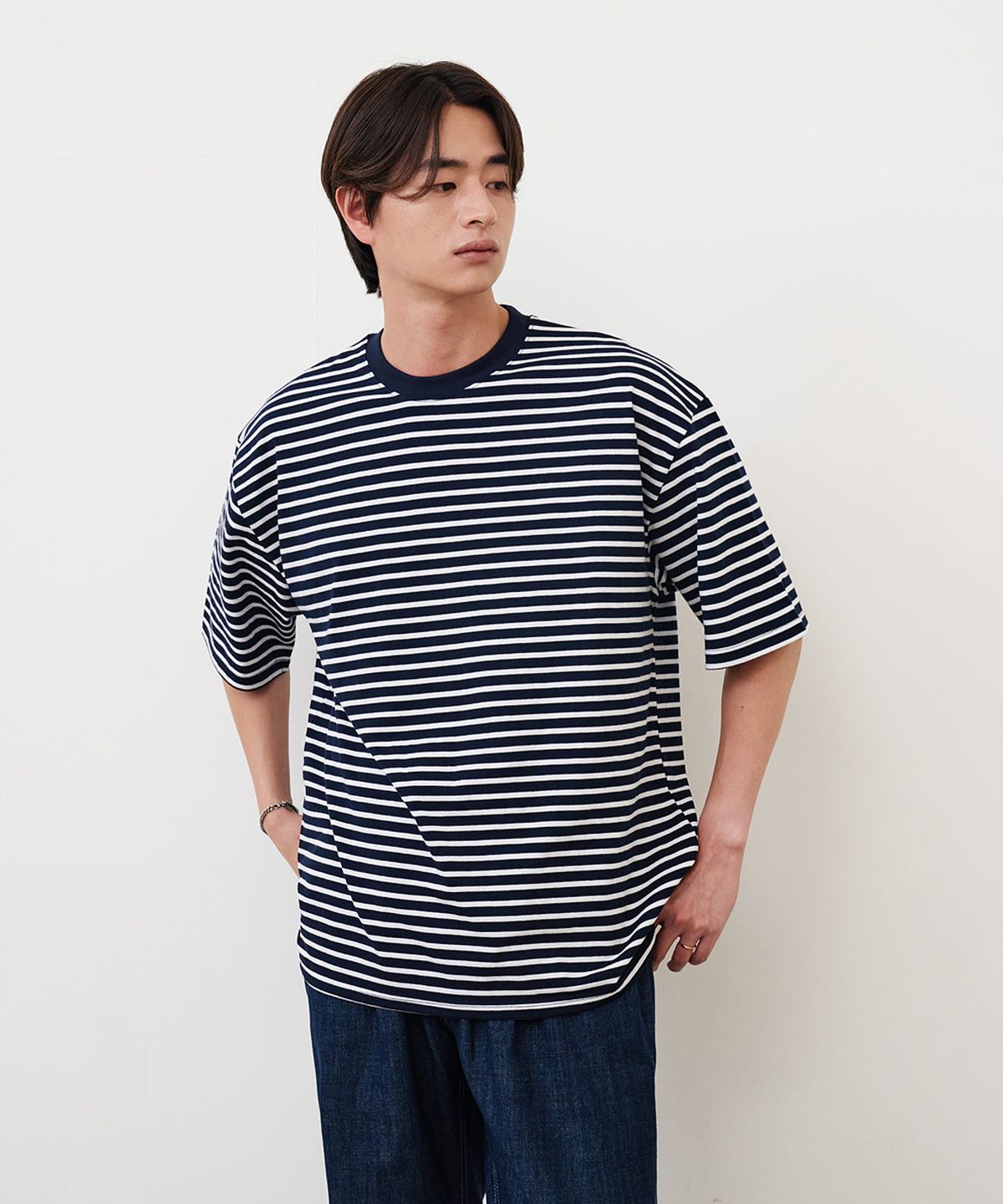 크레드먼스(CREEDMENS) 스트라이프 코튼 반팔티 (Navy)
