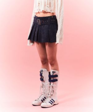 rough belted pleats sk - deep blue