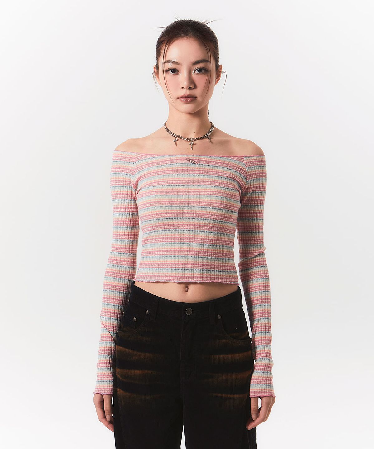 체리퀴리(CHERRYQUIRI) smooth off shoulder top - pink stripe