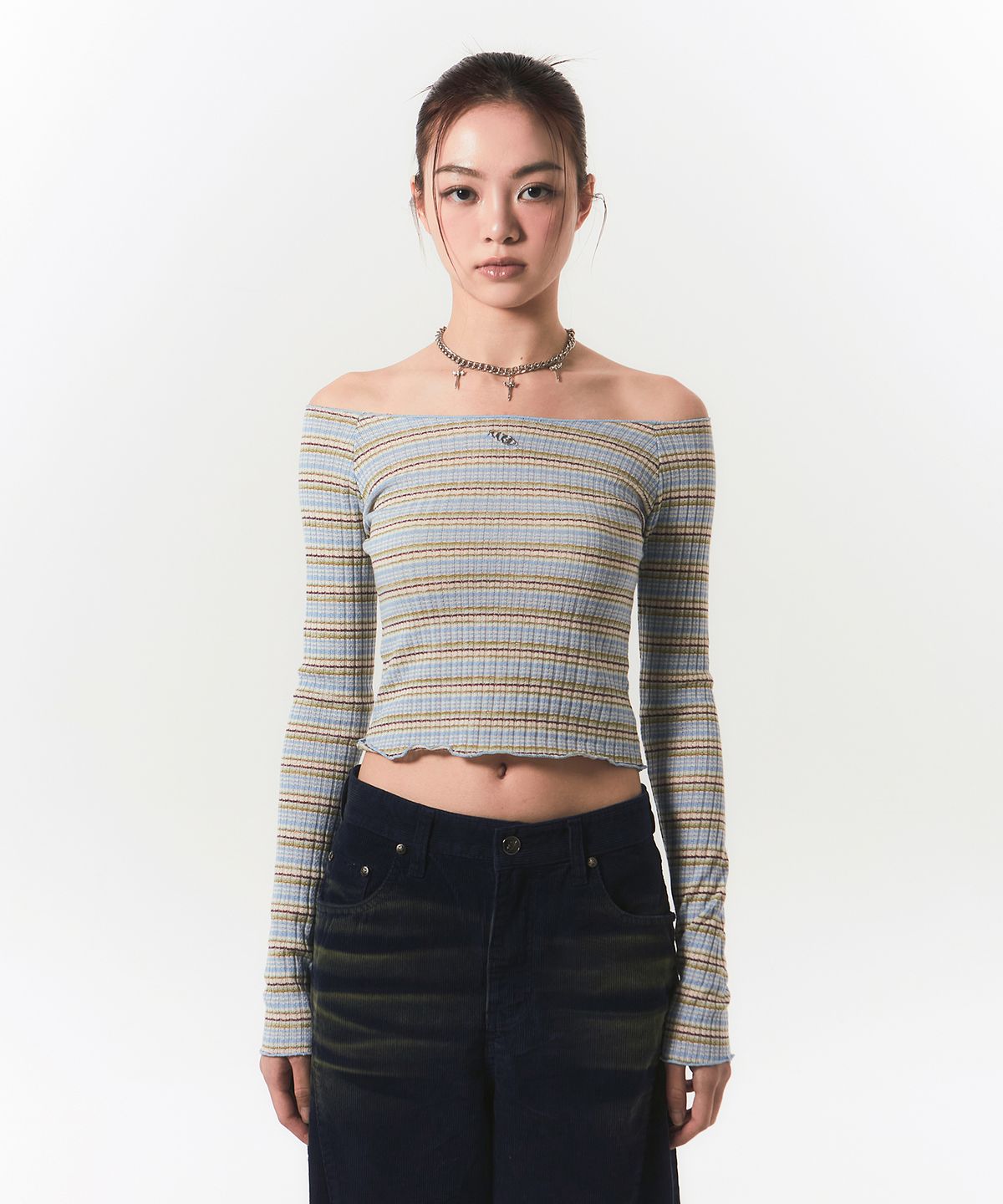 체리퀴리(CHERRYQUIRI) smooth off shoulder top - blue stripe