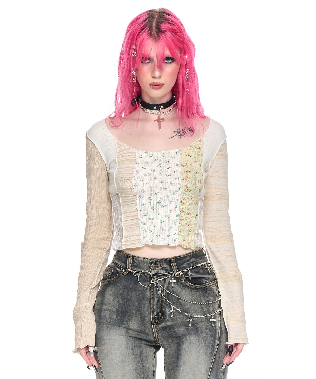 스키즘 인듀싱(SCHISM INDUCING) CRAZY PATCHWORK TOP BEIGE