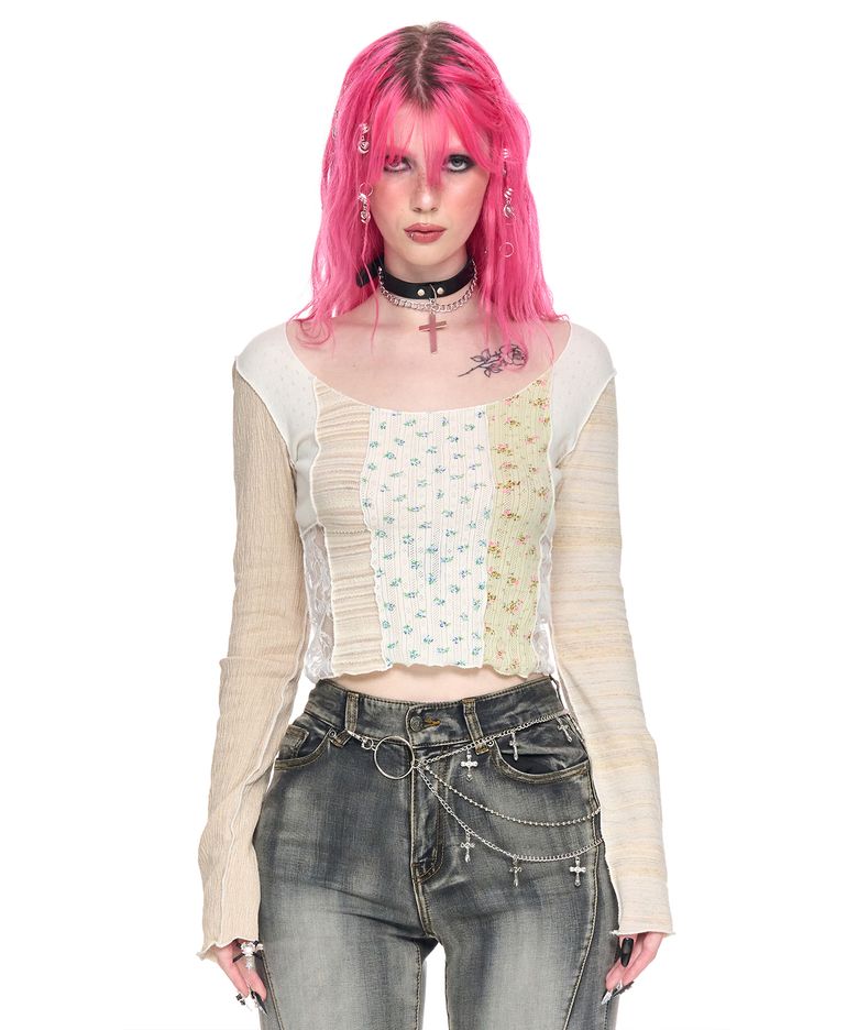 CRAZY PATCHWORK TOP BEIGE