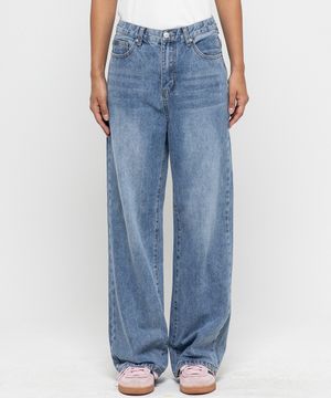 우먼즈 세미 와이드 워싱  데님팬츠[라이트블루]