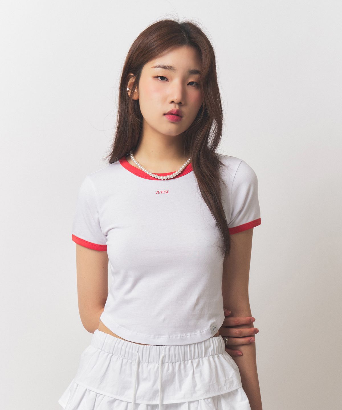 닐라이즈(NEALIZE) Basic Semi-Crop Ringer T-Shirt White