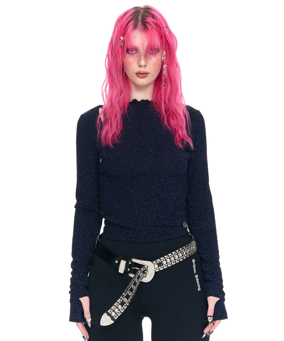 스키즘 인듀싱(SCHISM INDUCING) MOCK TURTLENECK METAL TOP NAVY