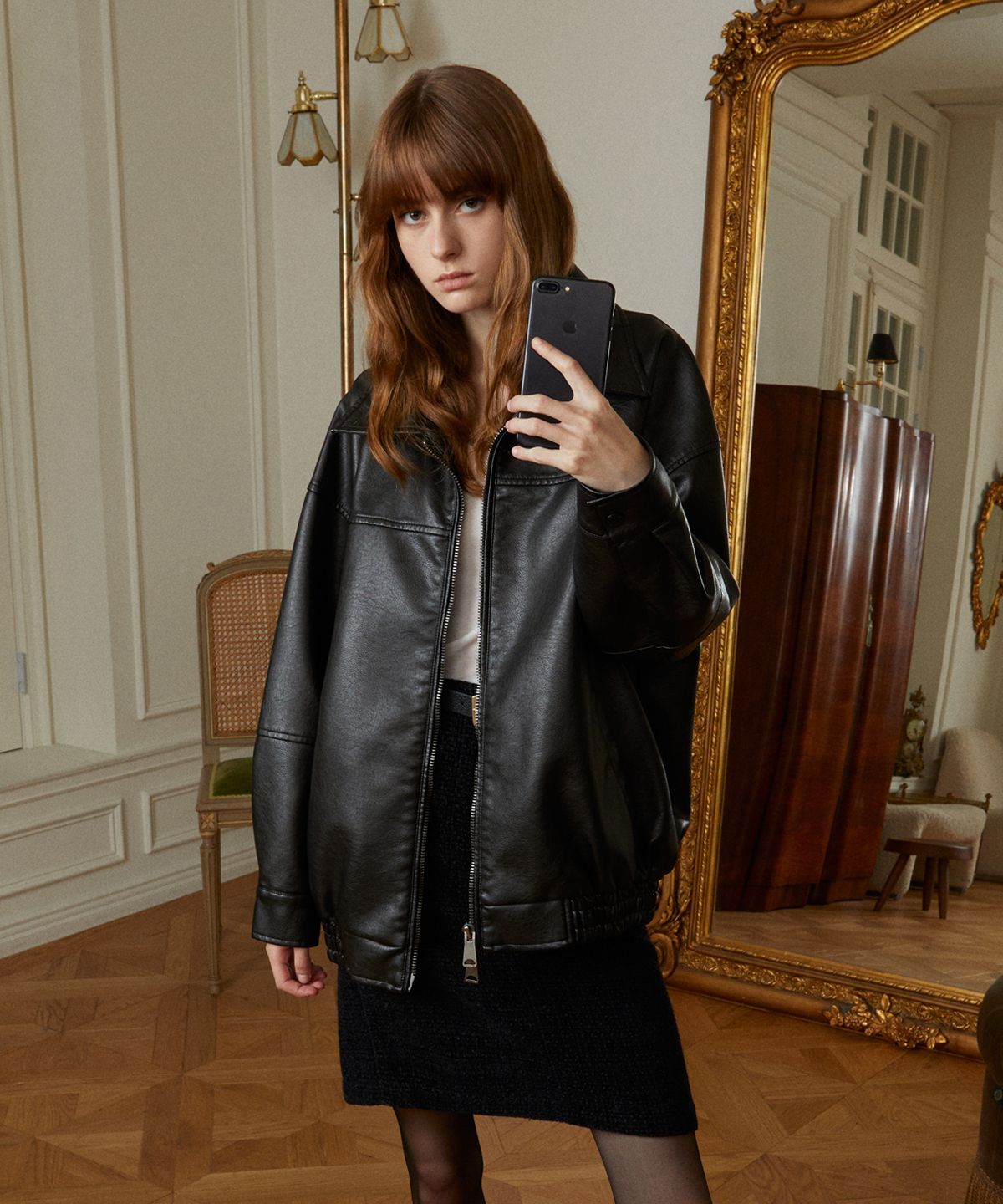 레이디 볼륨(LADY VOLUME) 9169 NATURAL WASHED OVER-FIT LEATHER JACKET_BLACK