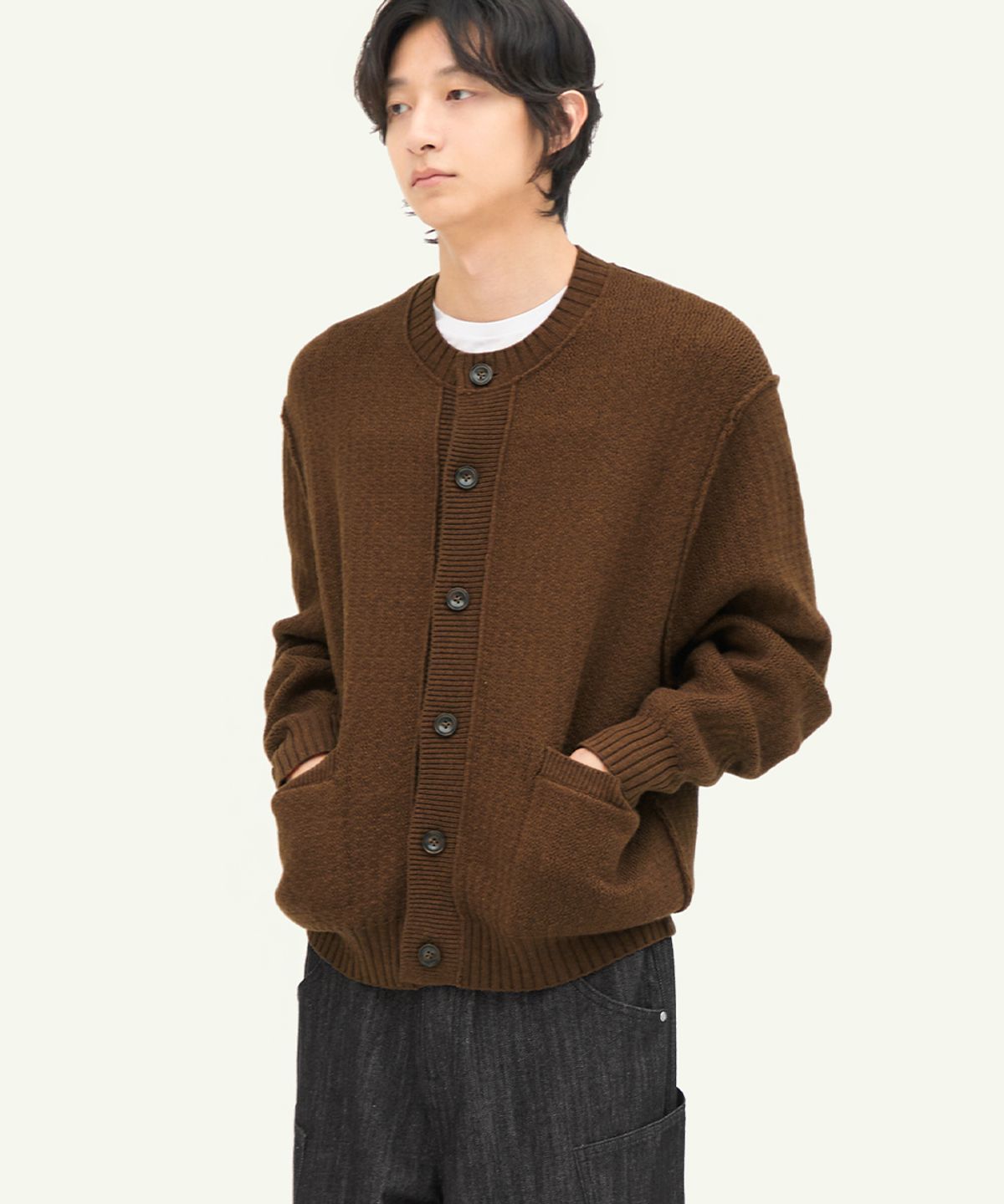 인템포무드(INTEMPOMOOD) 코티지 라운드 넥 카디건_브라운