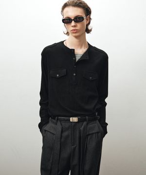 리브드 헨리넥 롱 슬리브 티셔츠 (블랙)