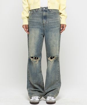 우먼즈 디스트로이드 세미 와이드 워싱 데님팬츠[라이트엘로우]