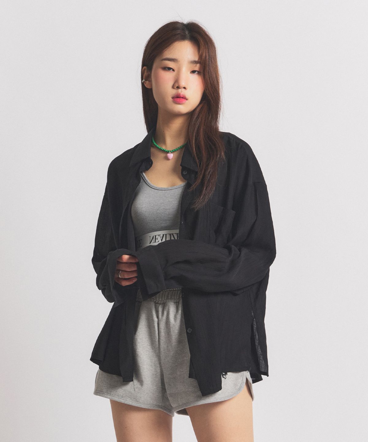 닐라이즈(NEALIZE) Ribbon Oversized See-through Shirt Black