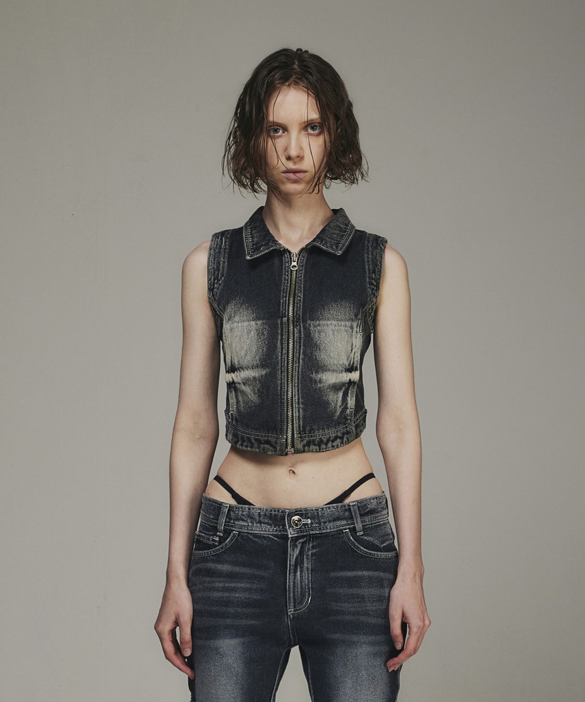 비엘알(BLR) Summer Washing Biker Denim Zip-up Vest Blue