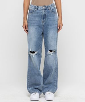 우먼즈 디스트로이드 세미 와이드 워싱 데님팬츠[라이트블루]