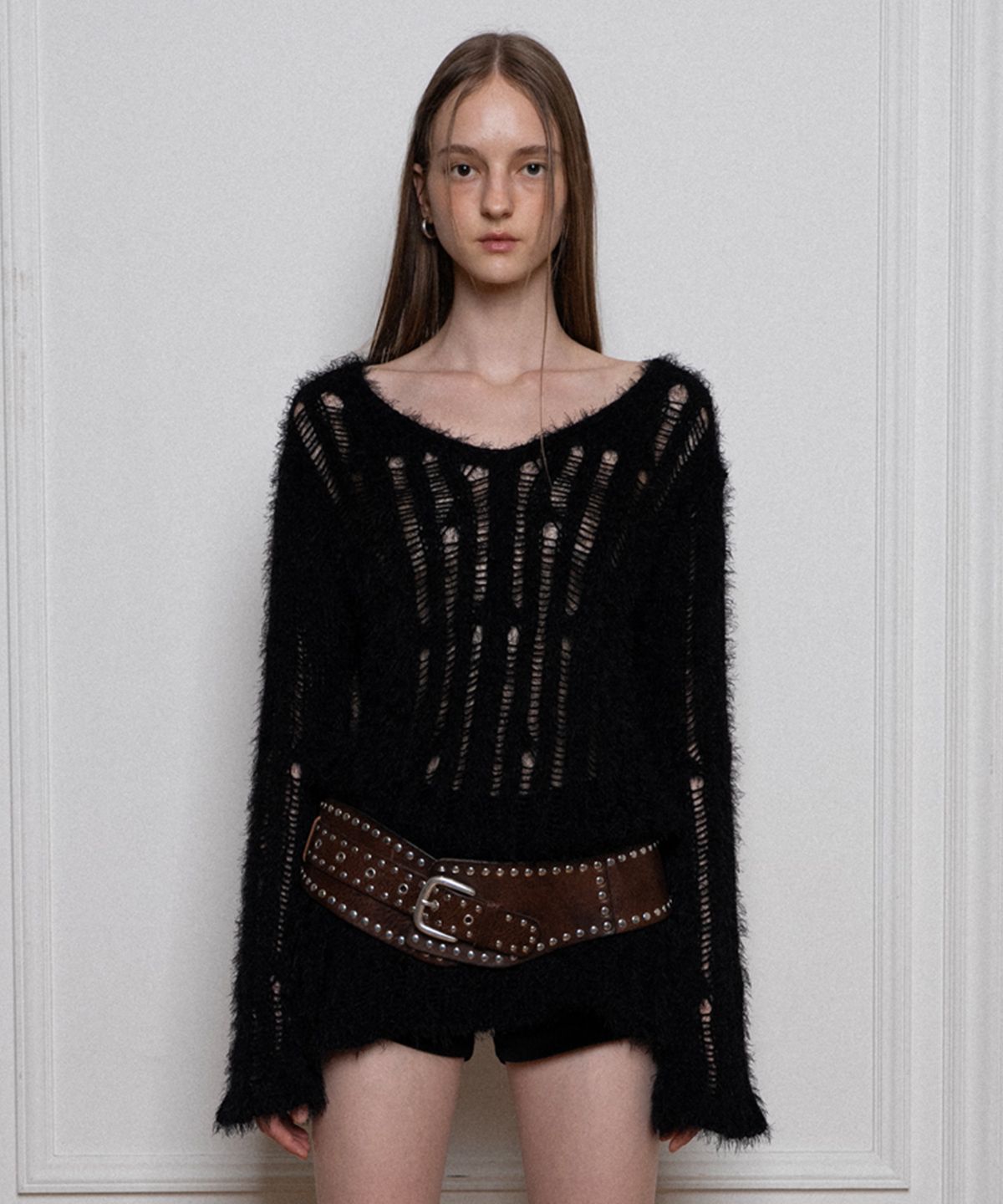 더포르타(THEPORTA) VINTAGE NET PULLOVER KNIT TOP, BLACK