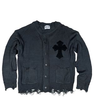 Classic Cross Destroyed Knit Cardigan ((Dark gray))