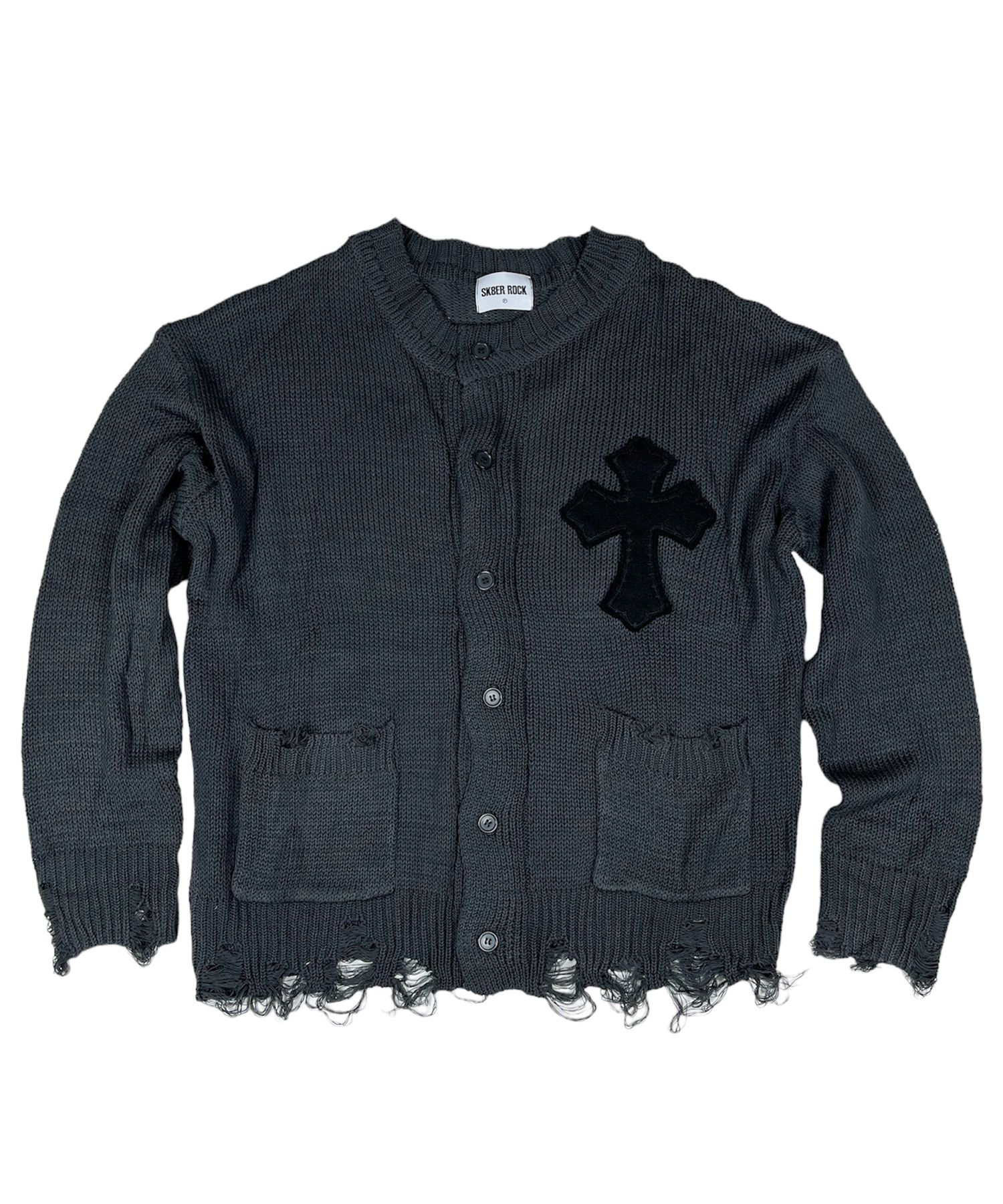 MUSINSA | SK8ER ROCK Classic Cross Destroyed Knit Cardigan ((Dark