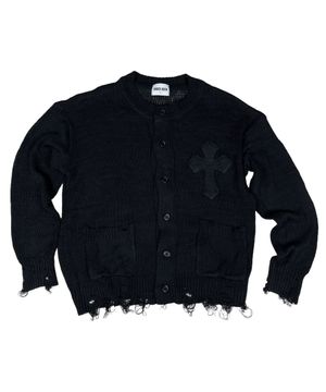 Classic Cross Destroyed Knit Cardigan ((Black))
