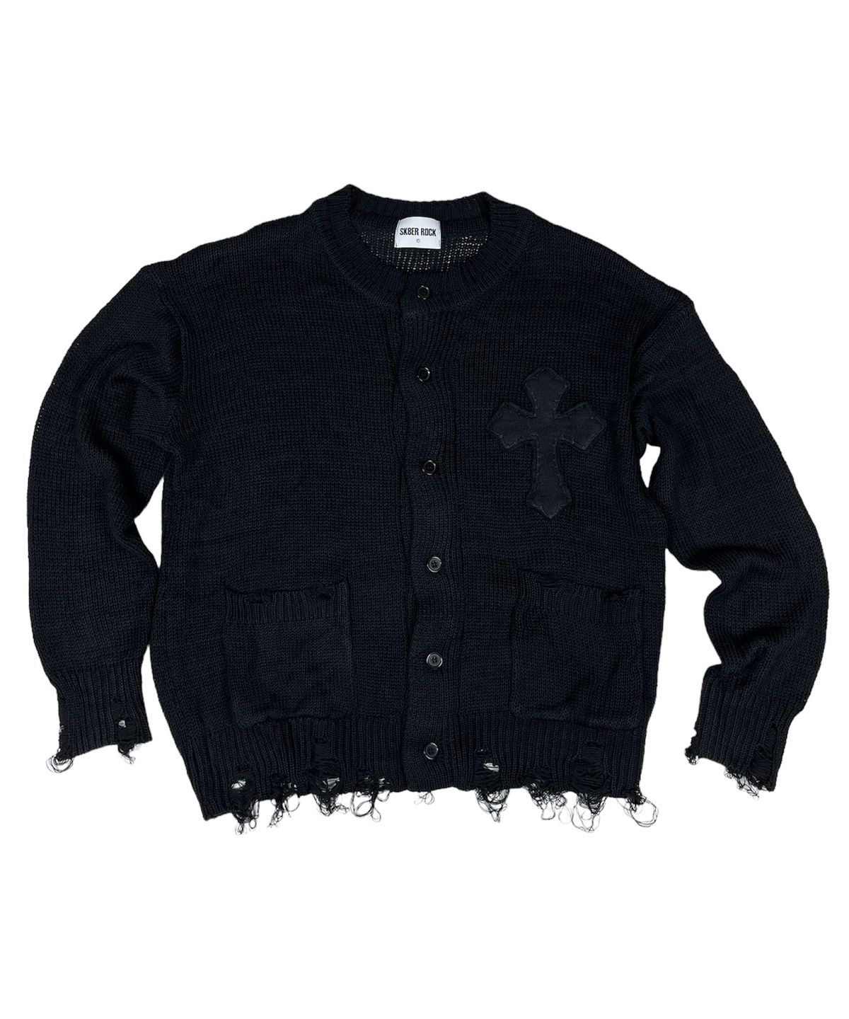 스케이터락(SK8ER ROCK) Classic Cross Destroyed Knit Cardigan ((Black))