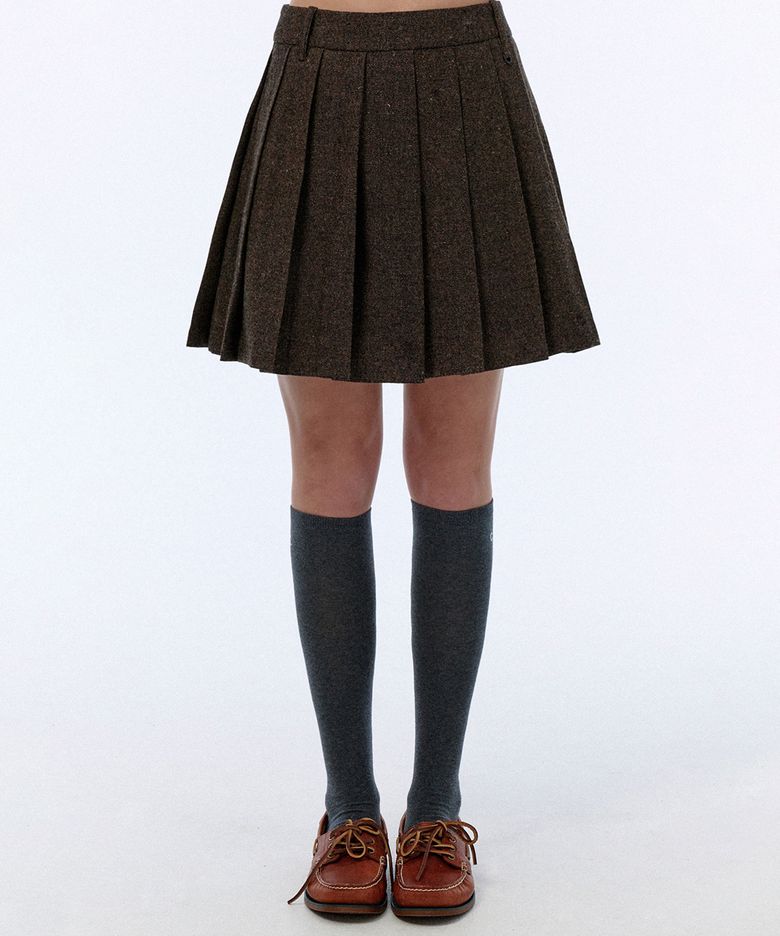 [24FW clove] Woolen Pleated Skirt (Brown)