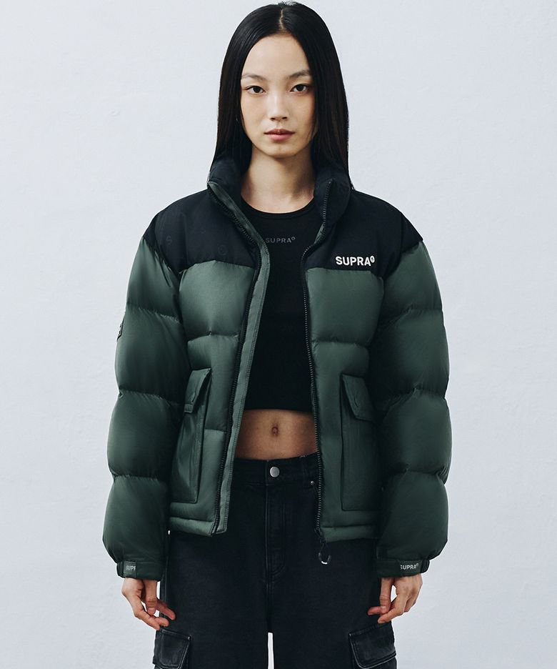 자가드 배색 숏 다운 자켓(KHAKI)
