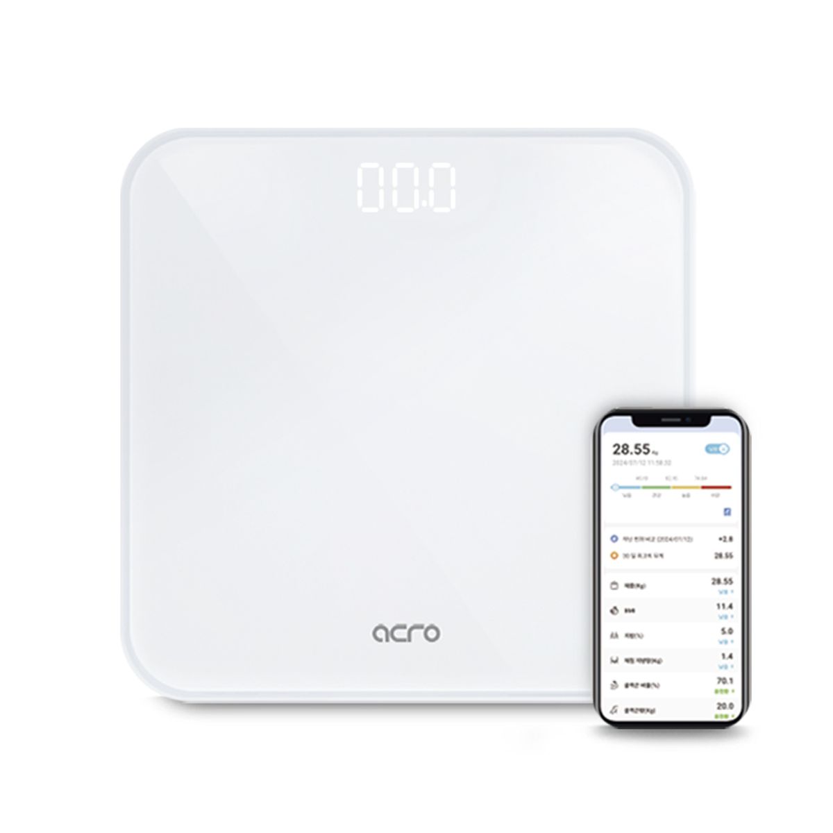 아크로(ACRO) 스마트 체지방 블루투스 체중계 디지털 전자 몸무게 측정기 I-200