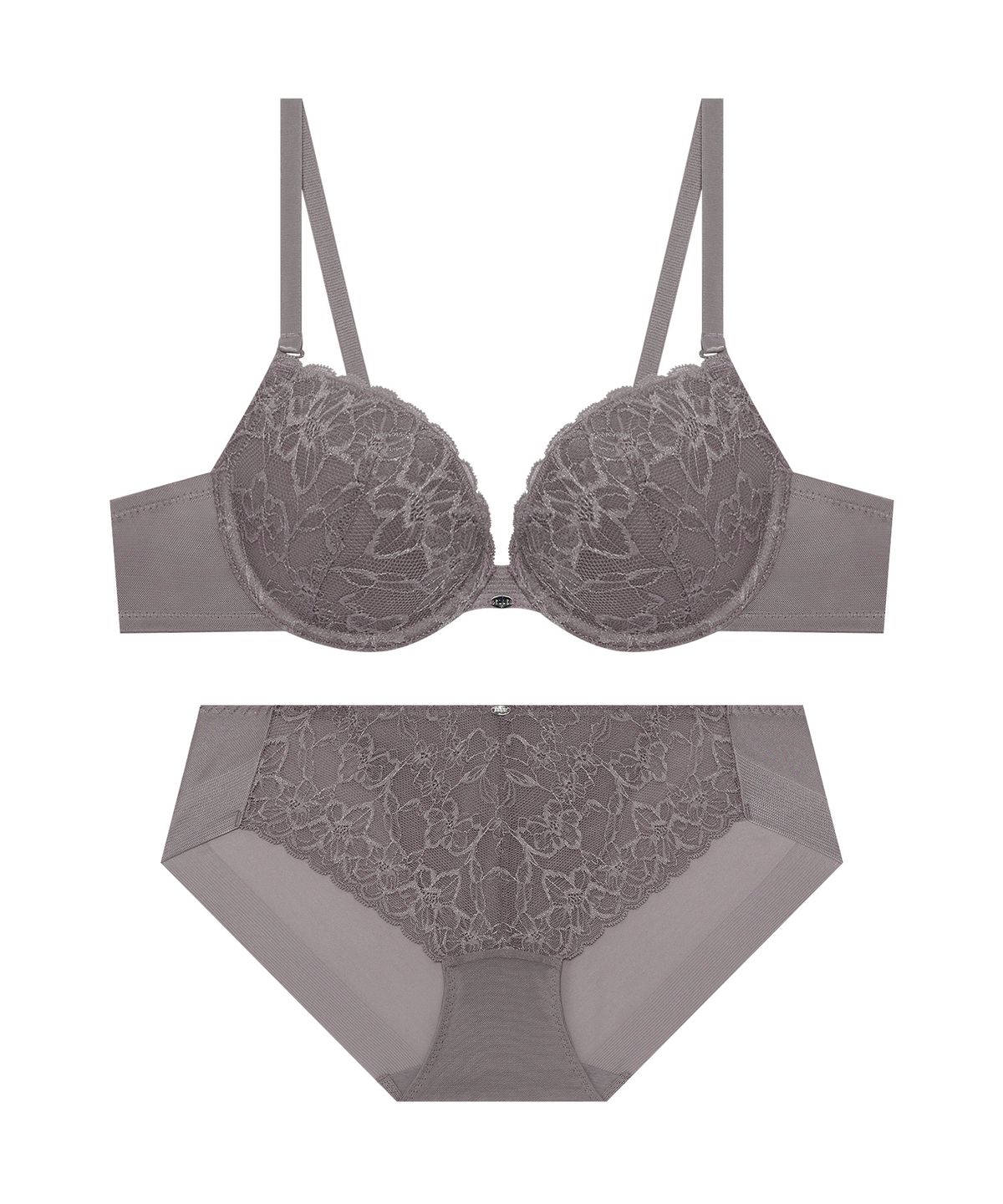 엘르이너웨어(ELLE INNERWEAR) 아델라 딥브이 레이스 브라 팬티 세트 - 로지그레이