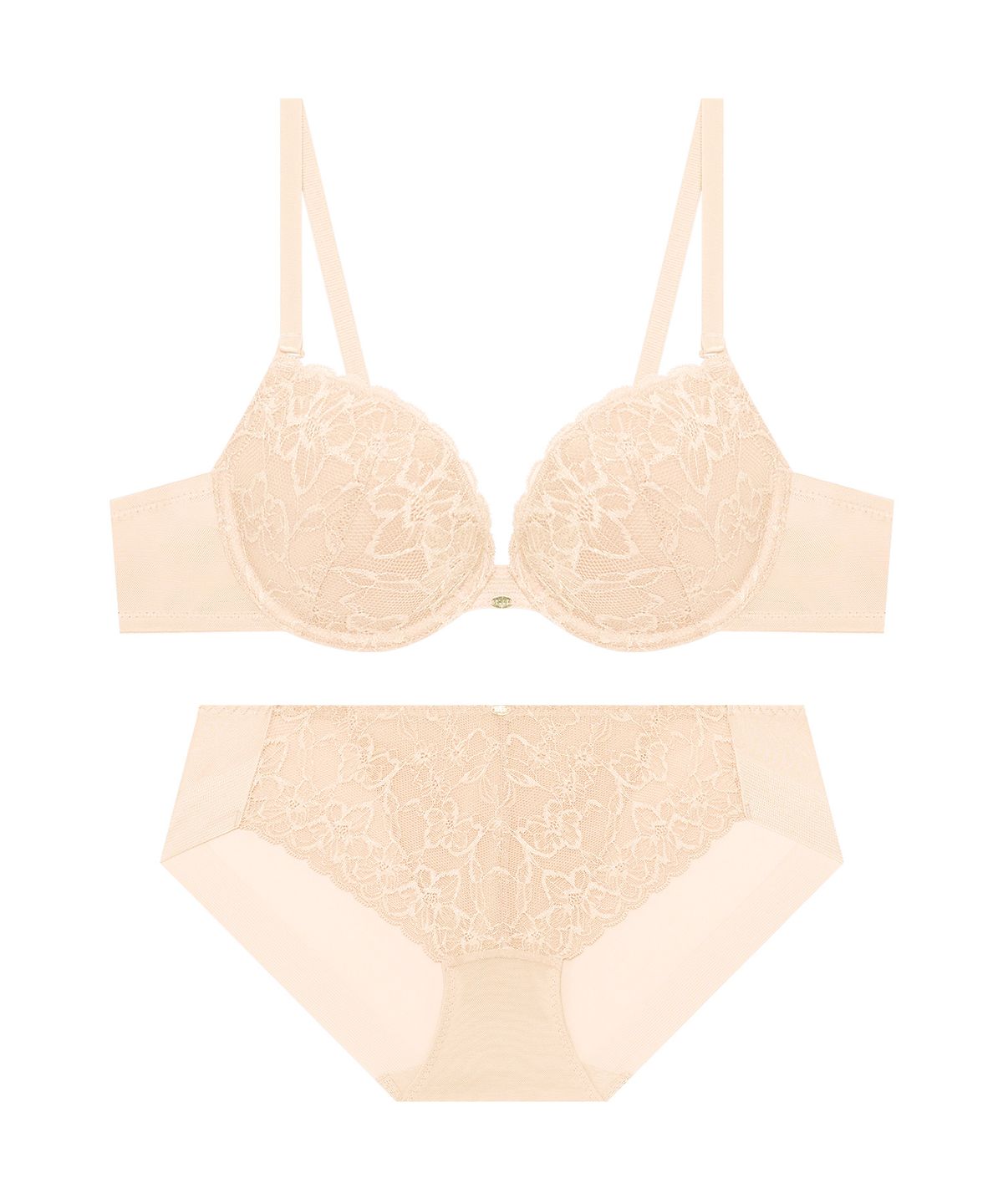 엘르이너웨어(ELLE INNERWEAR) 아델라 딥브이 레이스 브라 팬티 세트 - 스킨