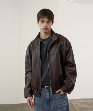 하이넥 커브드 레더 자켓 (브라운)