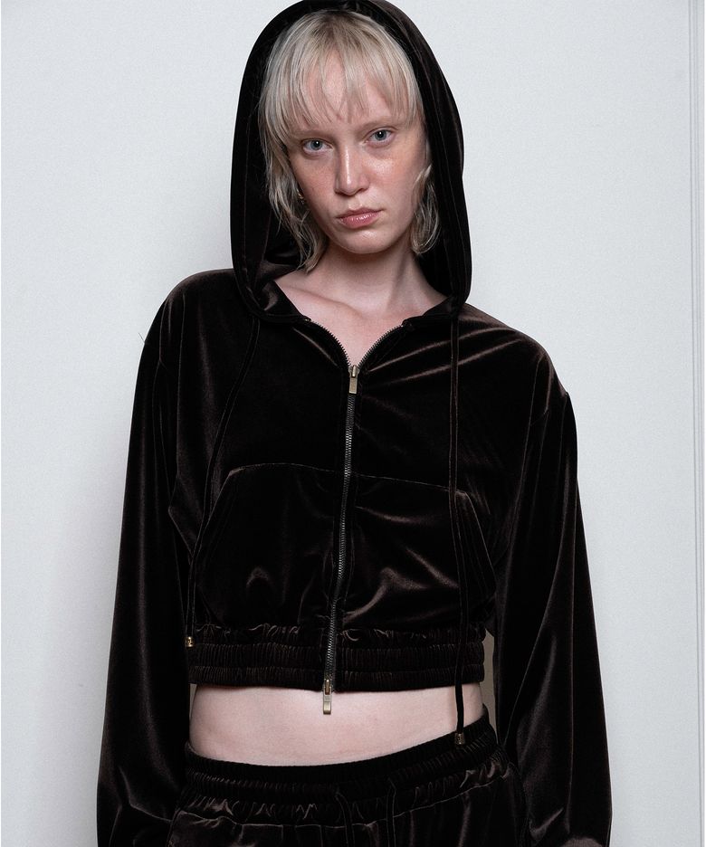 HOTFIX LOGO VELVET HOODIE ZIP-UP, BROWN