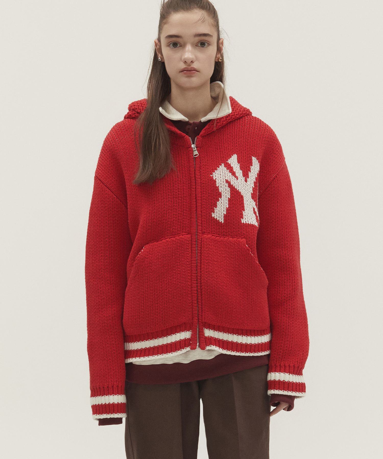 MUSINSA | NOHANT NYC RIBBED KNIT HOODIE ZIP-UP RED