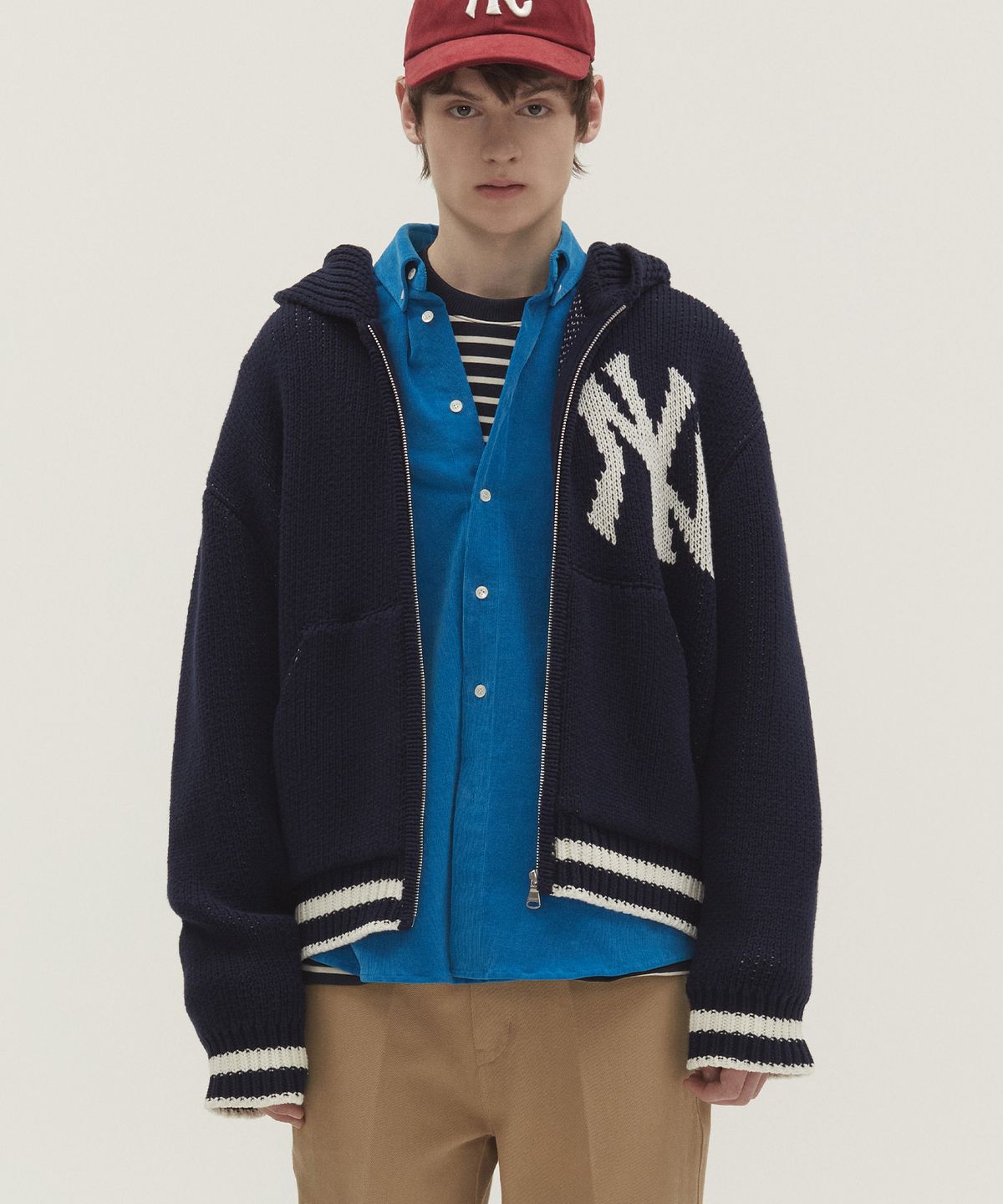노앙(NOHANT) NYC RIBBED KNIT HOODIE ZIP-UP NAVY