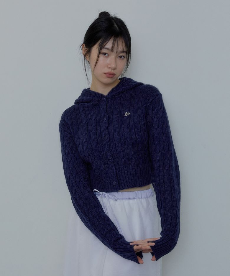 HOODY CABLE-KNIT CARDIGAN (NAVY)