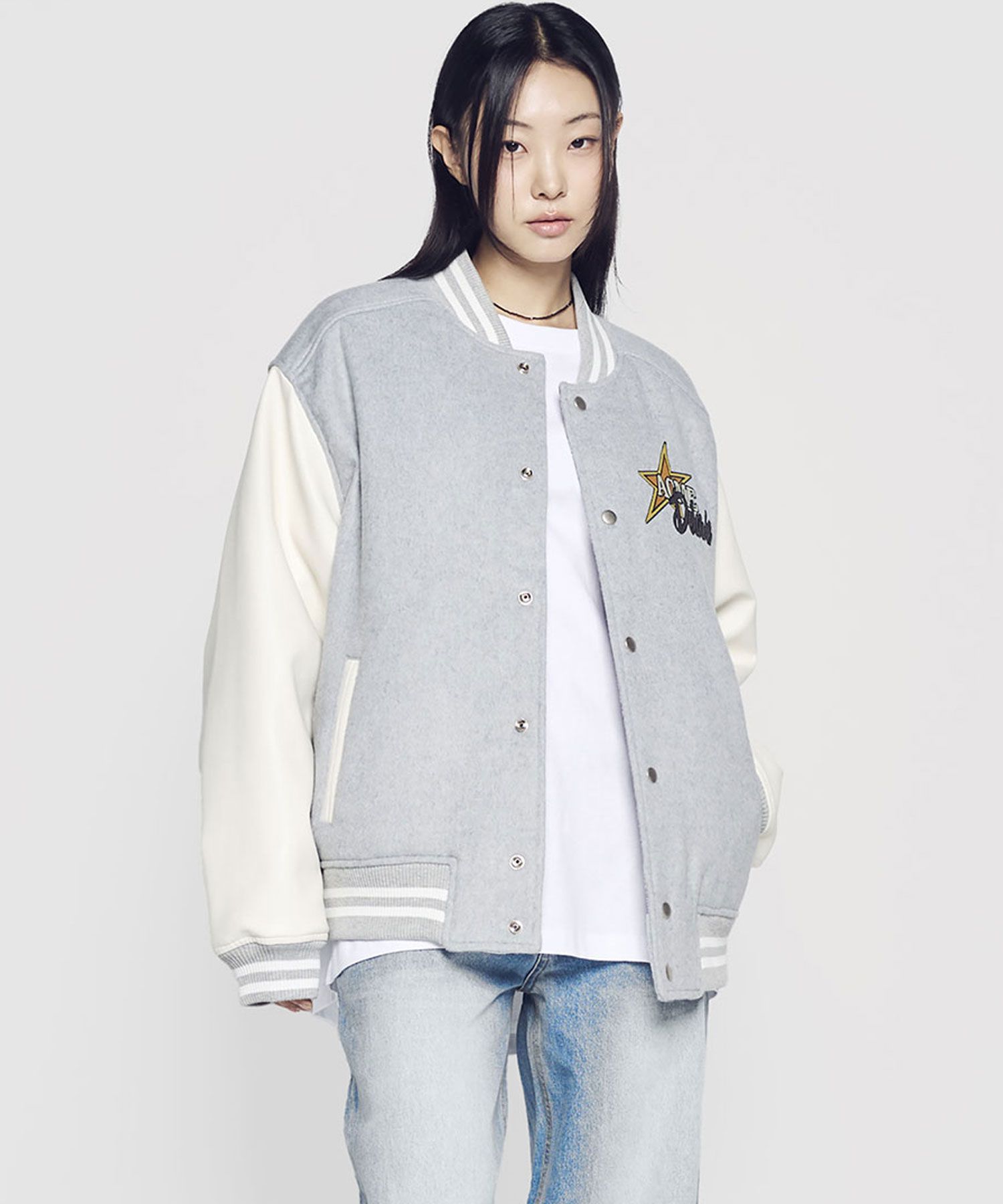 MUSINSA | acmé de la vie PIXEL BEAR ARTWORK VARSITY JACKET (2COLOR)