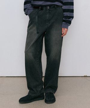 Belted corduroy denim pants (black)