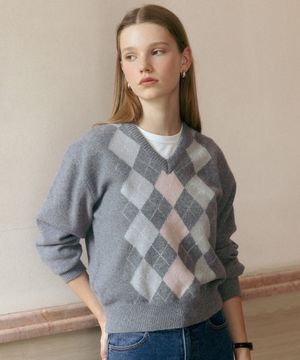 [3COLORS] ARGYLE WOOL KNIT PULLOVER