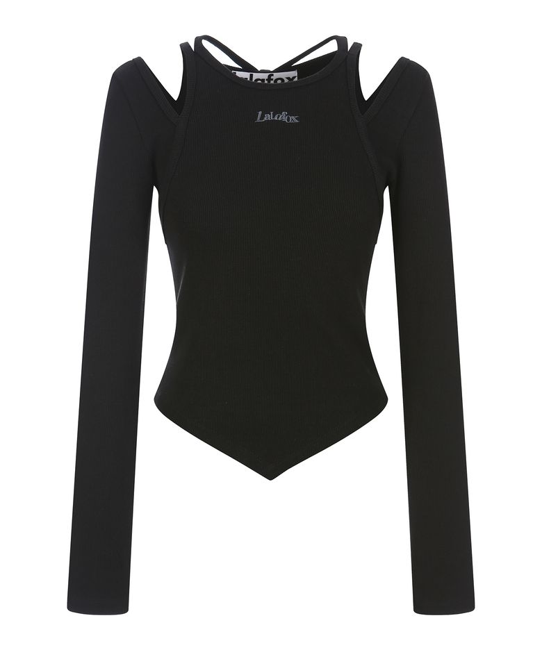 SHOULDER SLIT HALTERNECK T-SHIRT BLACK BQ4CL009