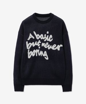 슬로건 라운드 니트 스웨터_네이비