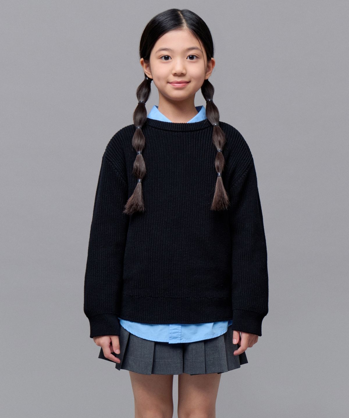 무신사 스탠다드 키즈(MUSINSA STANDARD KIDS) 코튼 리브드 크루 넥 니트 [블랙]