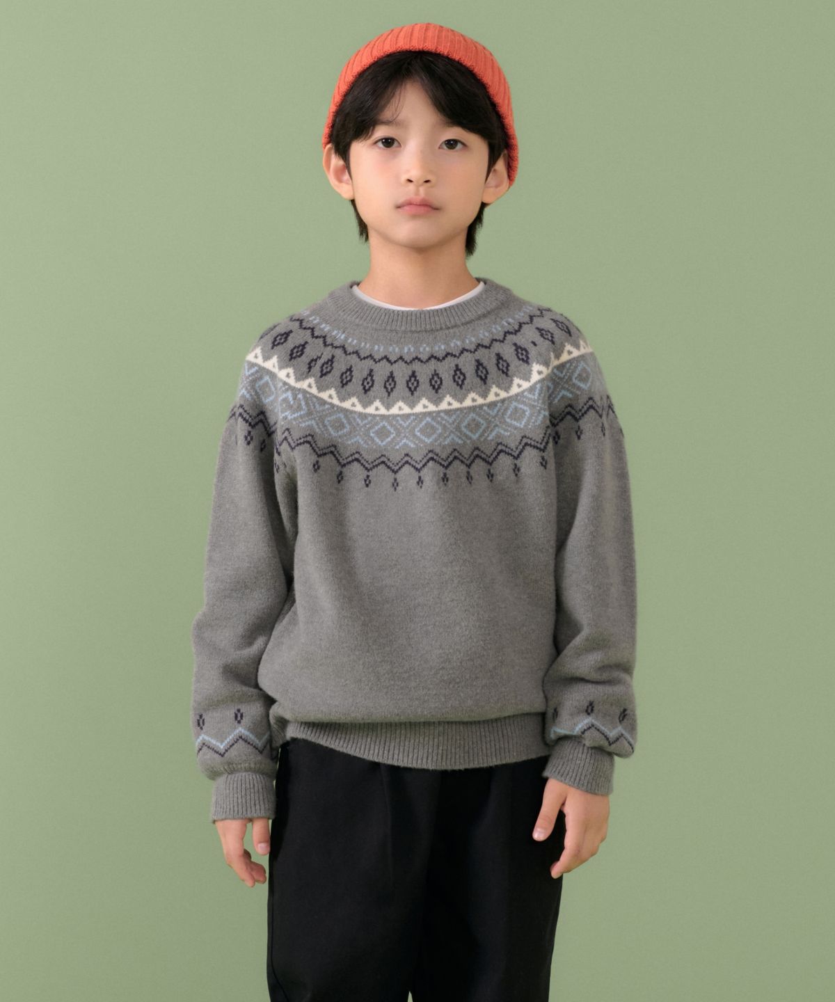 무신사 스탠다드 키즈(MUSINSA STANDARD KIDS) 페어 아일 크루 넥 니트 [미디엄 그레이]