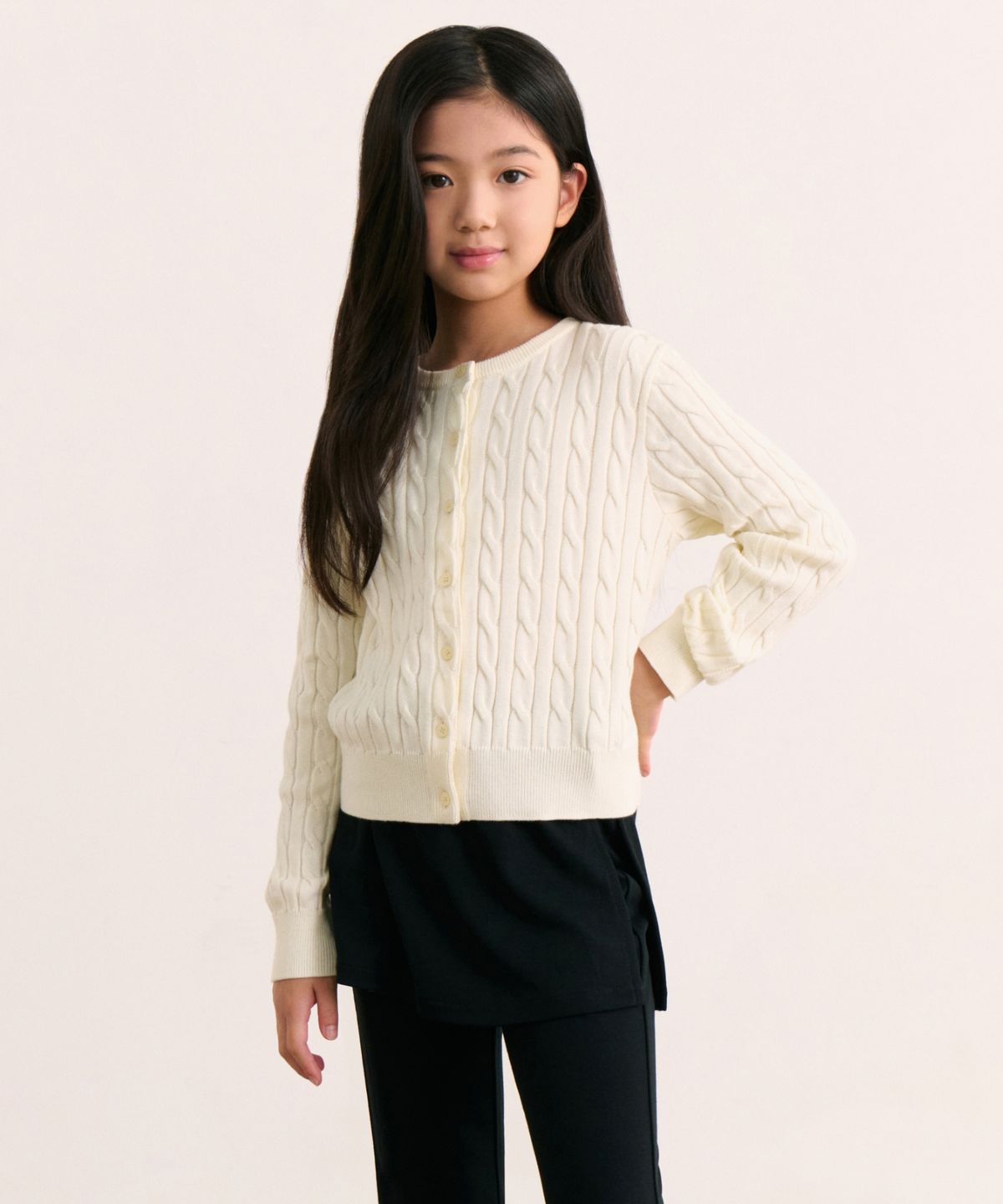 무신사 스탠다드 키즈(MUSINSA STANDARD KIDS) 코튼 케이블 라운드 넥 가디건 [크림]