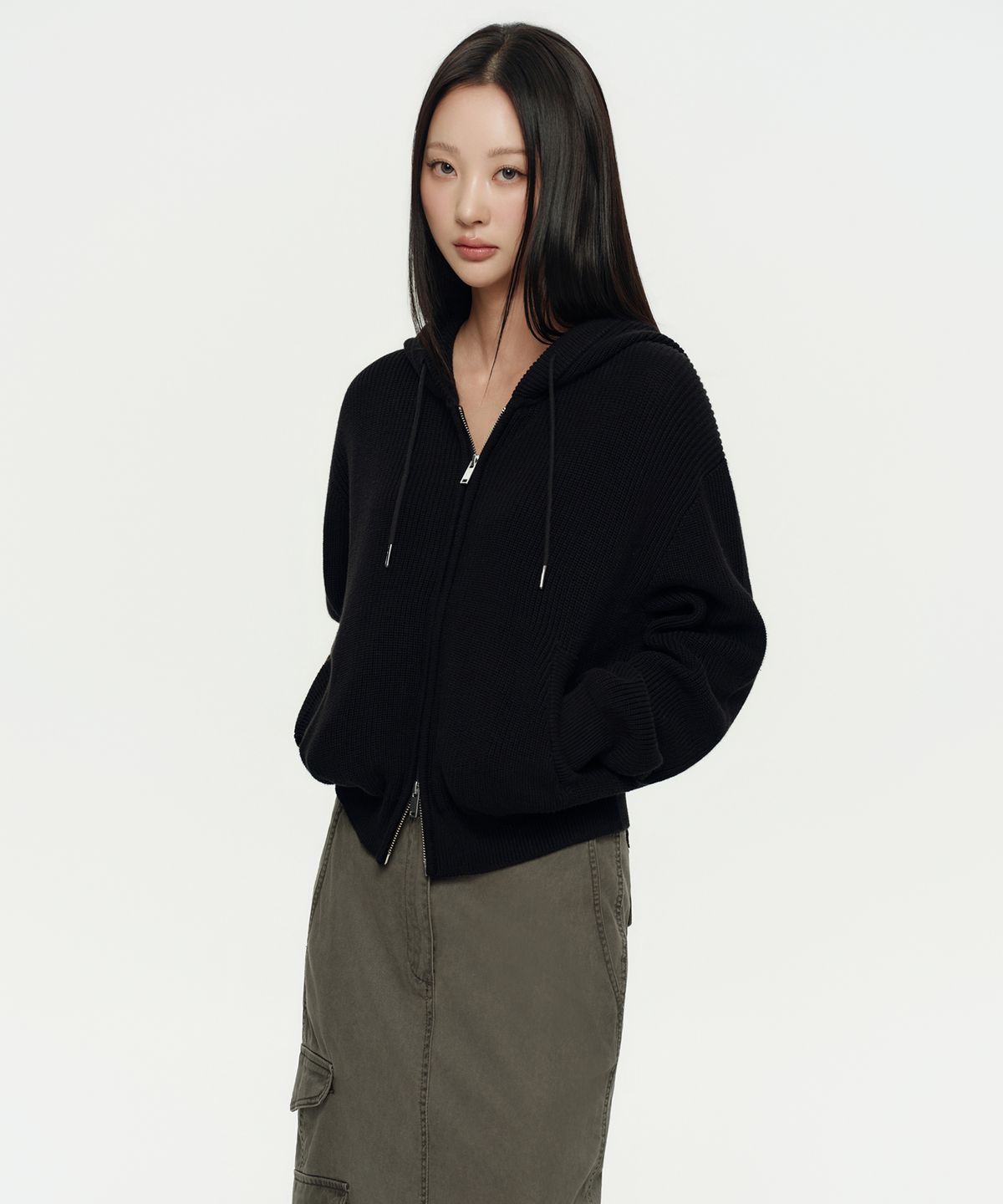 무신사 스탠다드 우먼(MUSINSA STANDARD WOMAN) 우먼즈 리브드 니트 후디드 집업 [블랙]